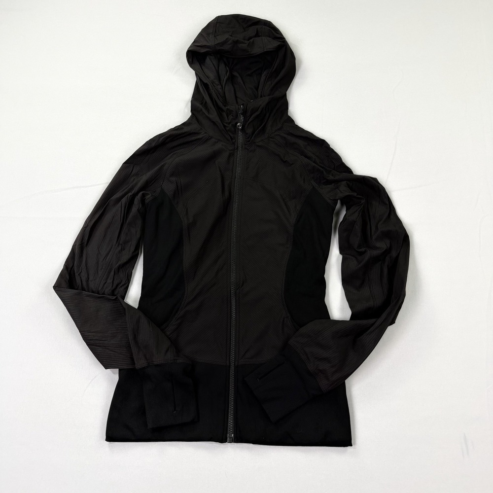 Lululemon Women's Hooded Full Zip Jacket Black Thumb Holes Size 6 Activewear